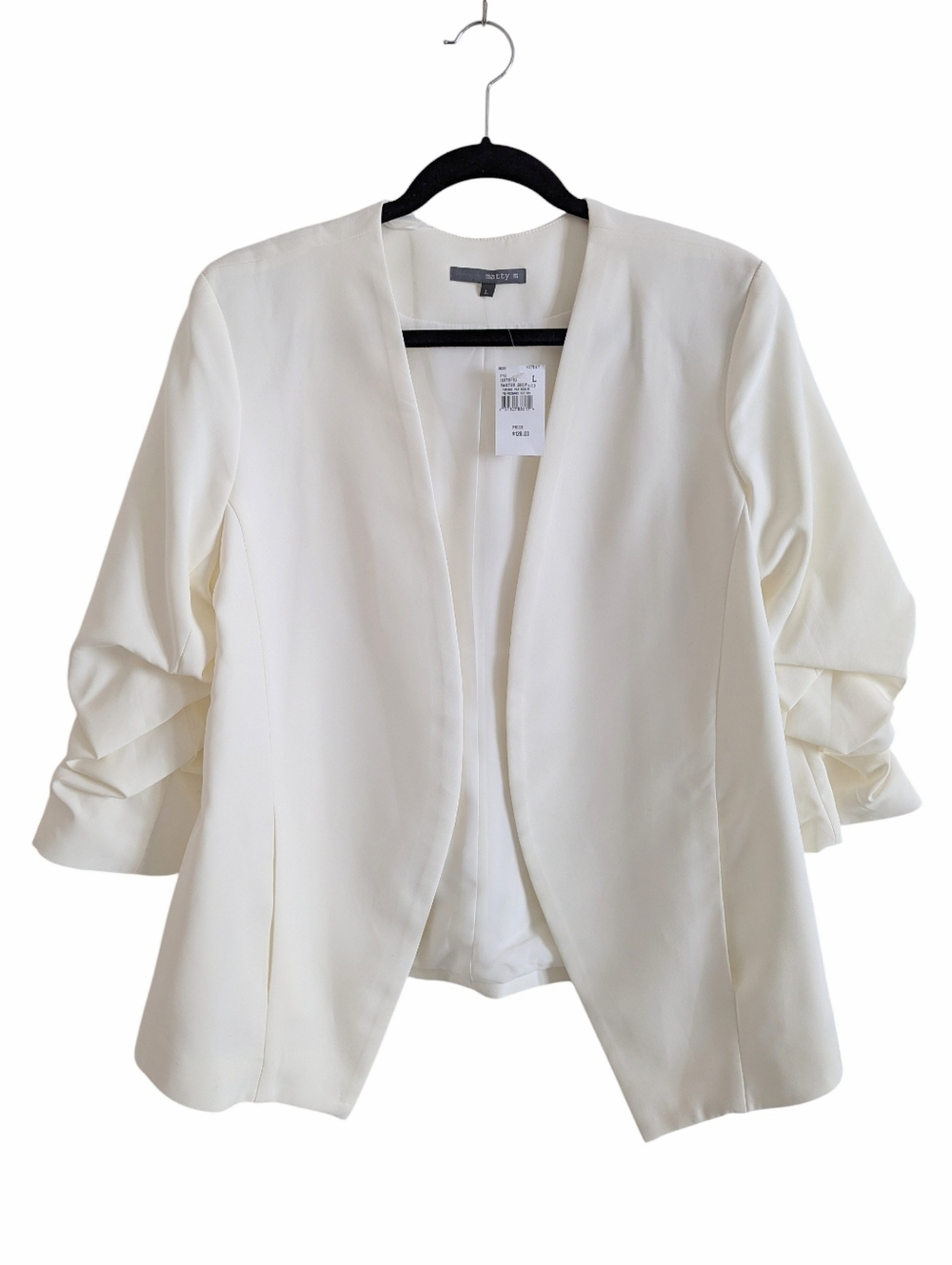 MATTY M Ivory Open-Front Blazer with Ruched Sleeves Large